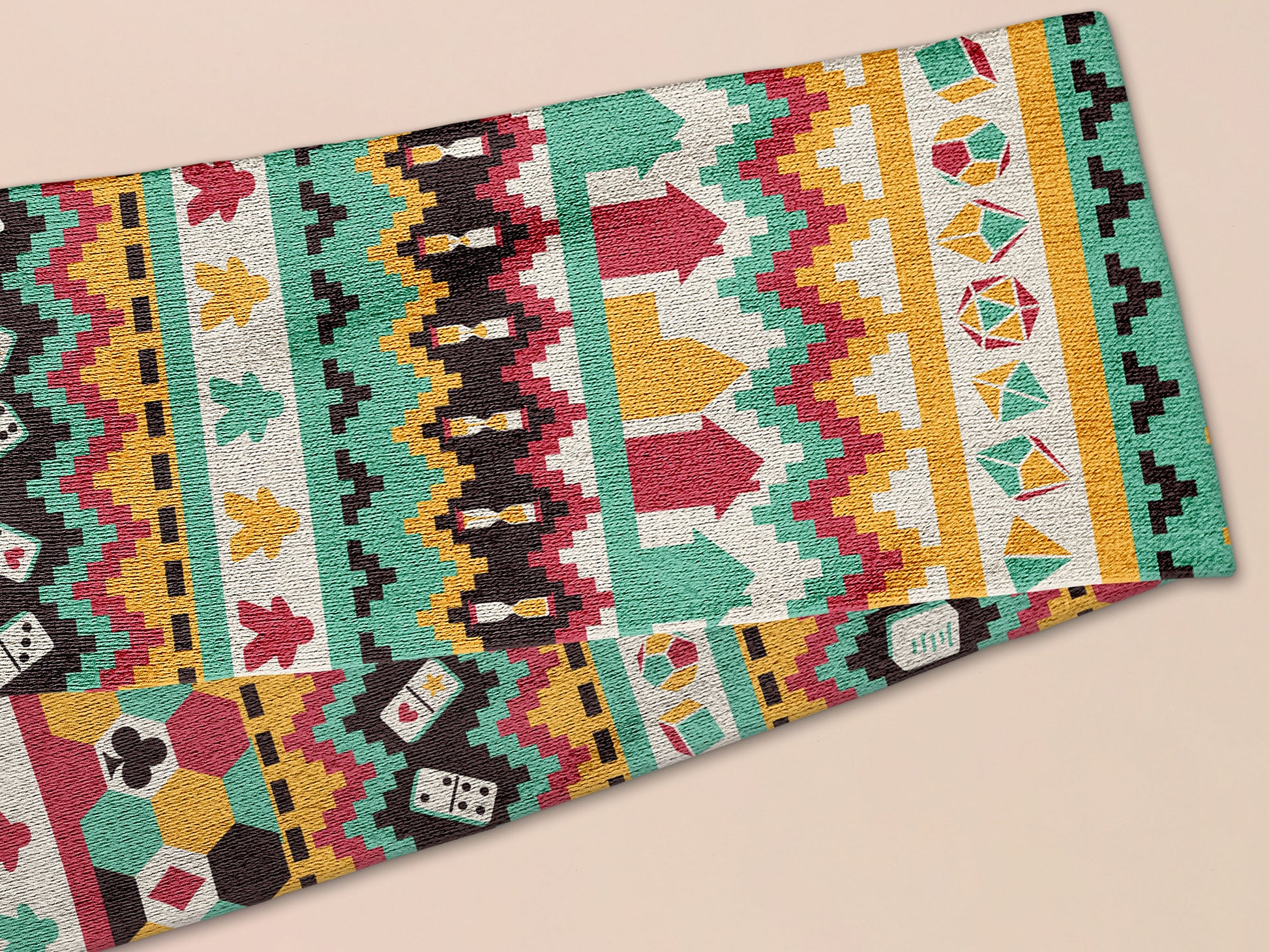 Cute knitted scarf with cute coloured Tabletop boardgame pieces such as meeple mahjong chess monopoly dice ludo and dominos