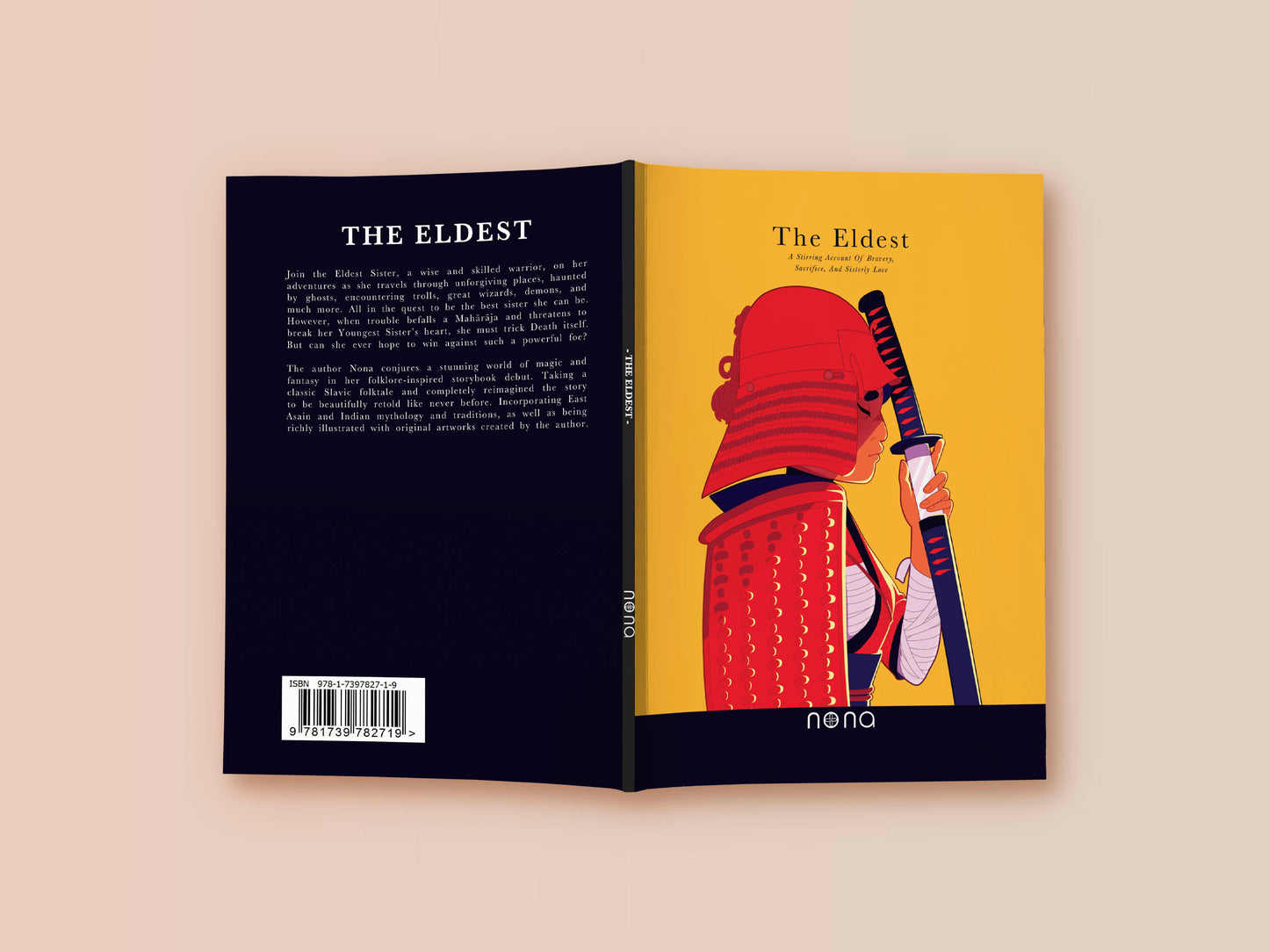 Front and back cover of Book with a cartoon illustration of a female in samurai  armour holding katana, with the title the Eldest
