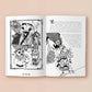Interior pages of book showing text and a black and white cartoon drawing of a female samurai playing a card game with Indian yakshas and demons