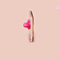 A black acrylic pin badge with a pink heart-shaped pin back clasp. The design of the pin badge is of a cute goose in a shirt and tie with the quote Time For Serious Goose