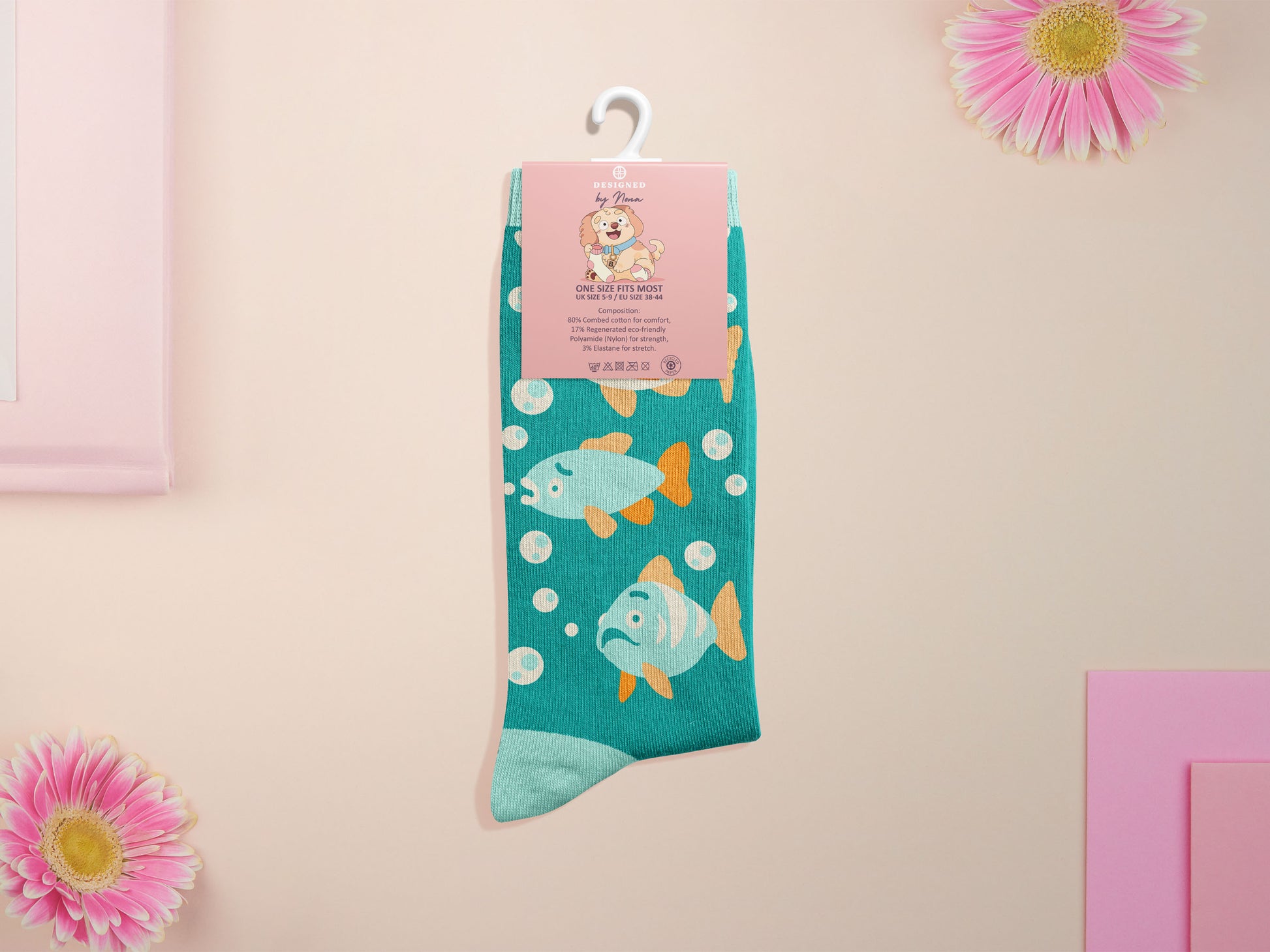 Cute knitted cotton crew socks with an underwater fish design.