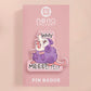 A clear acrylic pin badge with a heart-shaped pin rubber pin back clasp. The design of the pin badge is a cute cartoon screaming possum with the quote why me?!