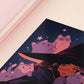 Square art print of a young witch wearing a large glowing witch's hat surrounded by nine cute chibi ghost cats.