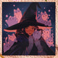 Square art print of a young witch wearing a large glowing witch's hat surrounded by nine cute chibi ghost cats.