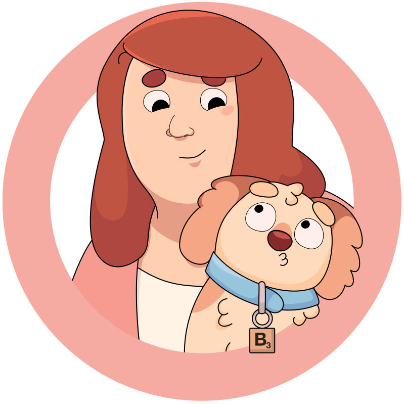 Digital illustration of a cartoon version of Nona and her dog Barley