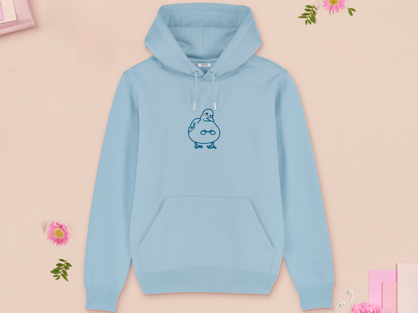 A blue long sleeve fleece hoodie, with an embroidered blue thread design of cute blushing duck with the for me finger hand emoji symbols