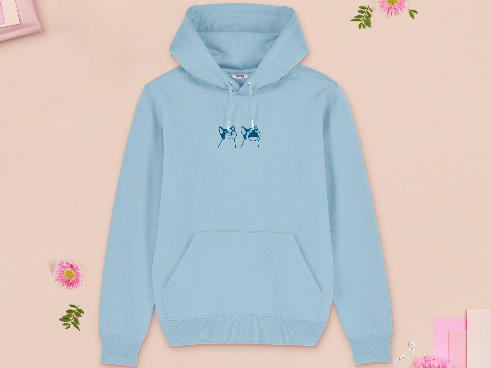 A blue long sleeved fleece hoodie, with an embroidered blue thread design of a cute popcat the cat meme reaction twitch emote