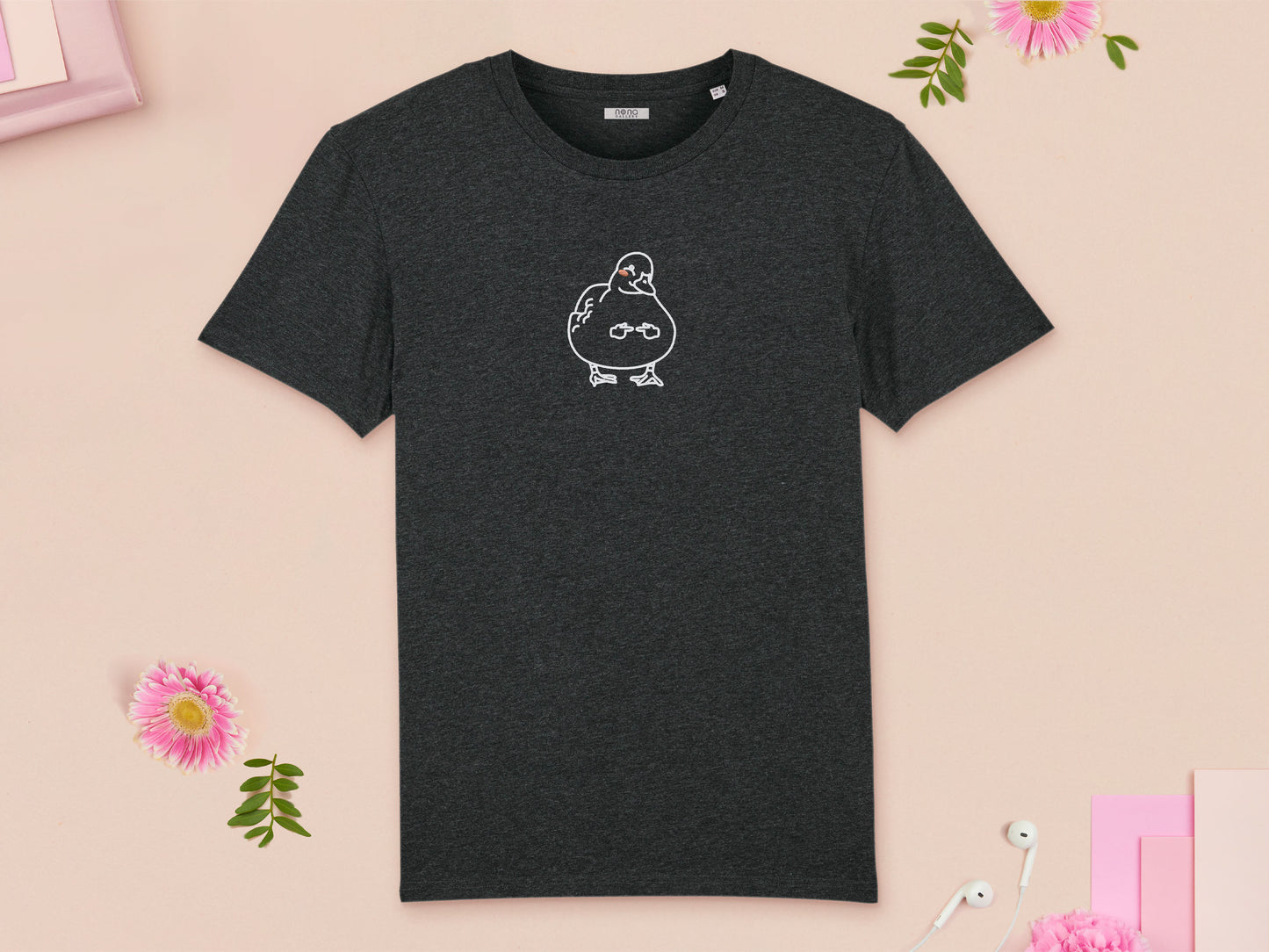 A grey crew neck short sleeve t-shirt, with an embroidered black thread design of cute blushing duck with the for me finger hand emoji symbols
