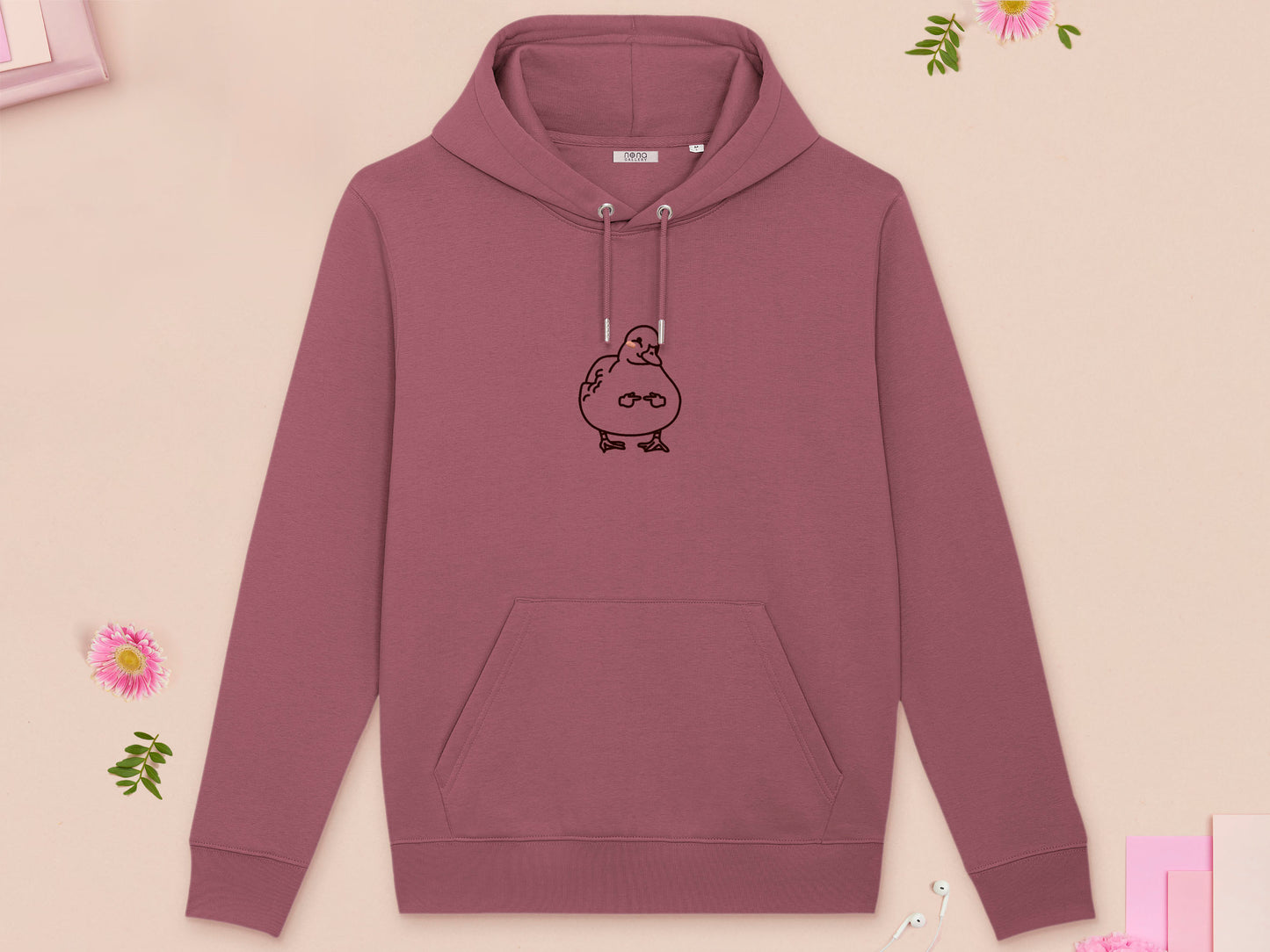 A red long sleeve fleece hoodie, with an embroidered brown thread design of cute blushing duck with the for me finger hand emoji symbols