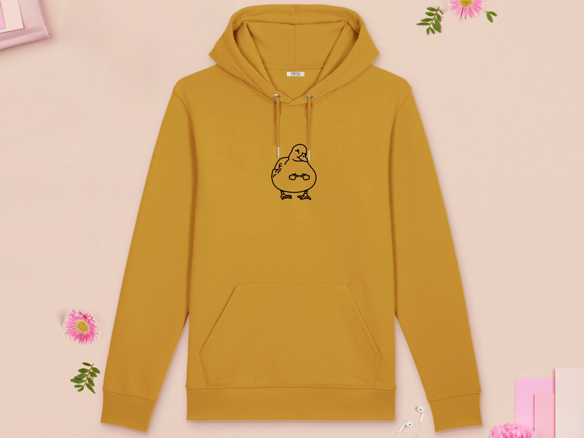 A yellow long sleeve fleece hoodie, with an embroidered black thread design of cute blushing duck with the for me finger hand emoji symbols