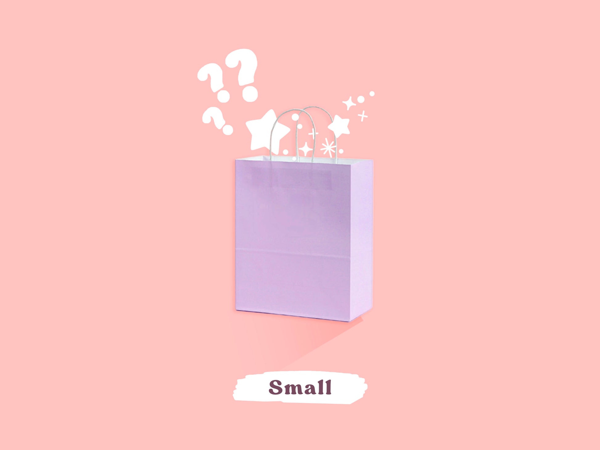 A pastel purple paper mystery bag open with cartoon stars falling out of it, surrounded by the word Small