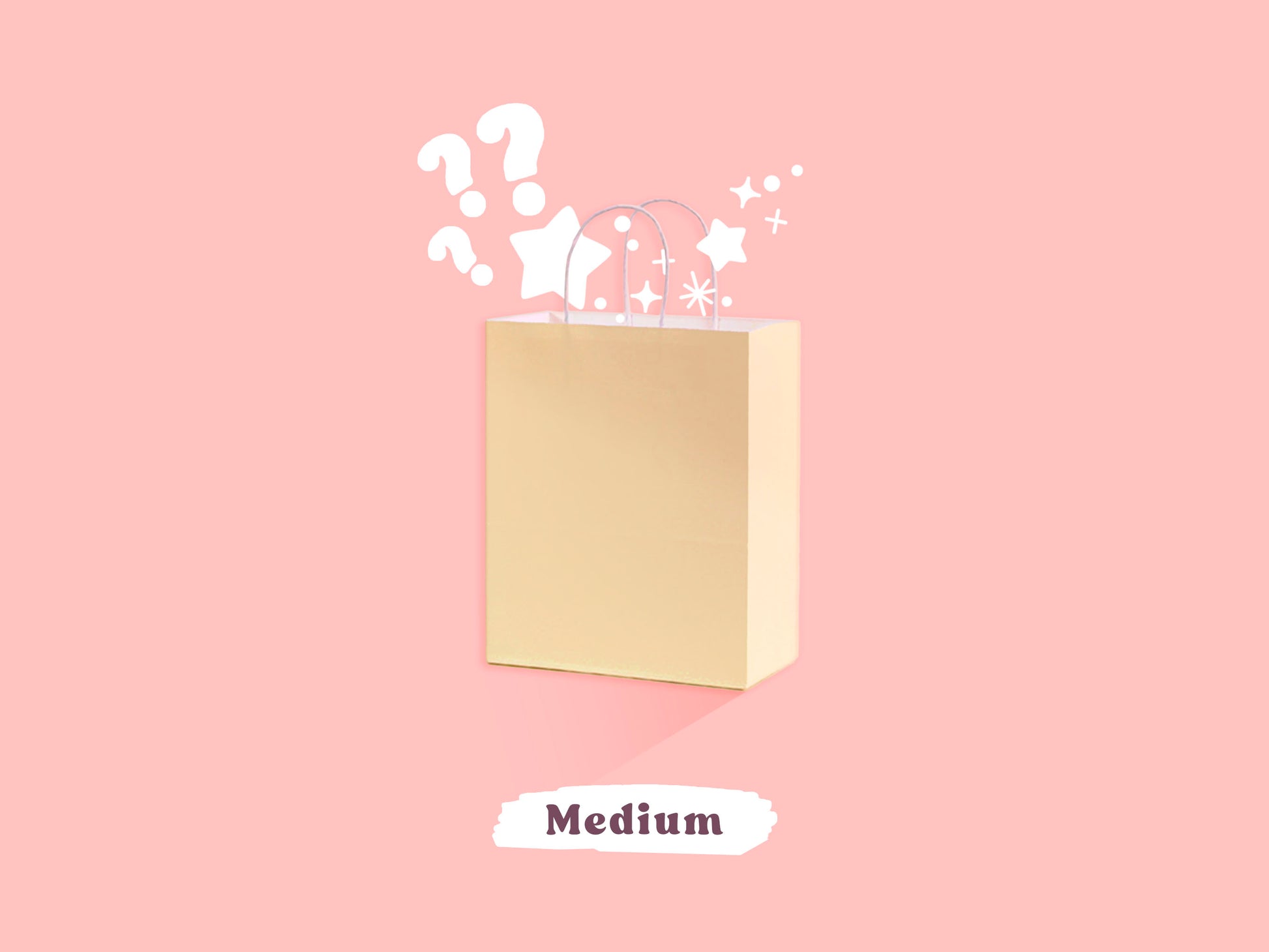 A pastel yellow paper mystery bag open with cartoon stars falling out of it, surrounded by the word Medium