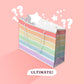 A large pastel rainbow striped paper mystery bag open with cartoon stars falling out of it, surrounded by the word Ultimate!