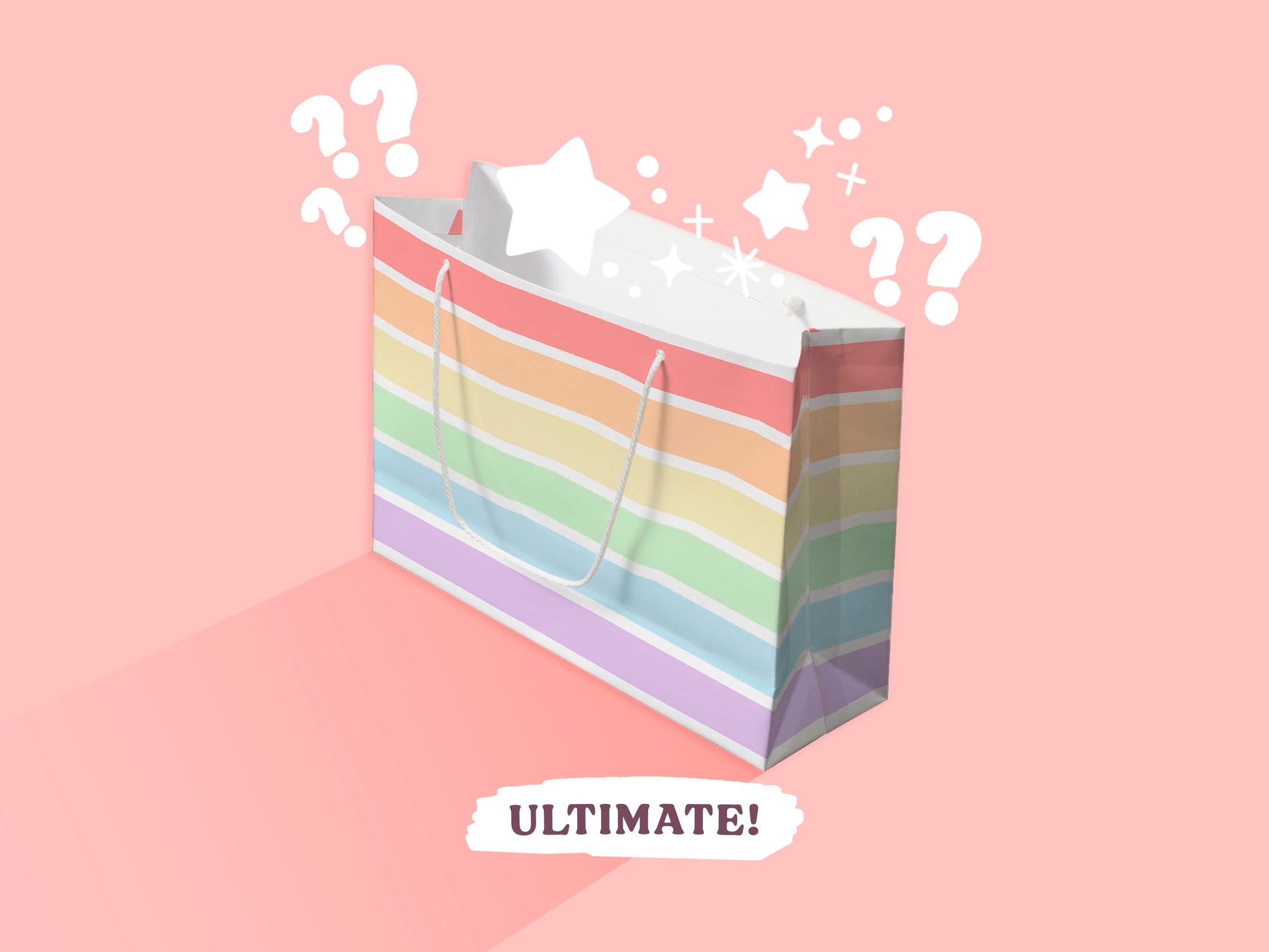A large pastel rainbow striped paper mystery bag open with cartoon stars falling out of it, surrounded by the word Ultimate!