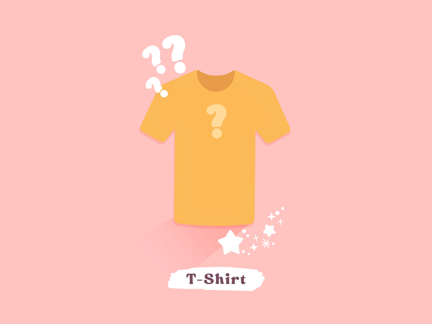A yellow t-shirt illustration surrounded by question marks and the text Tshirt, mystery clothing random meme themed apparel